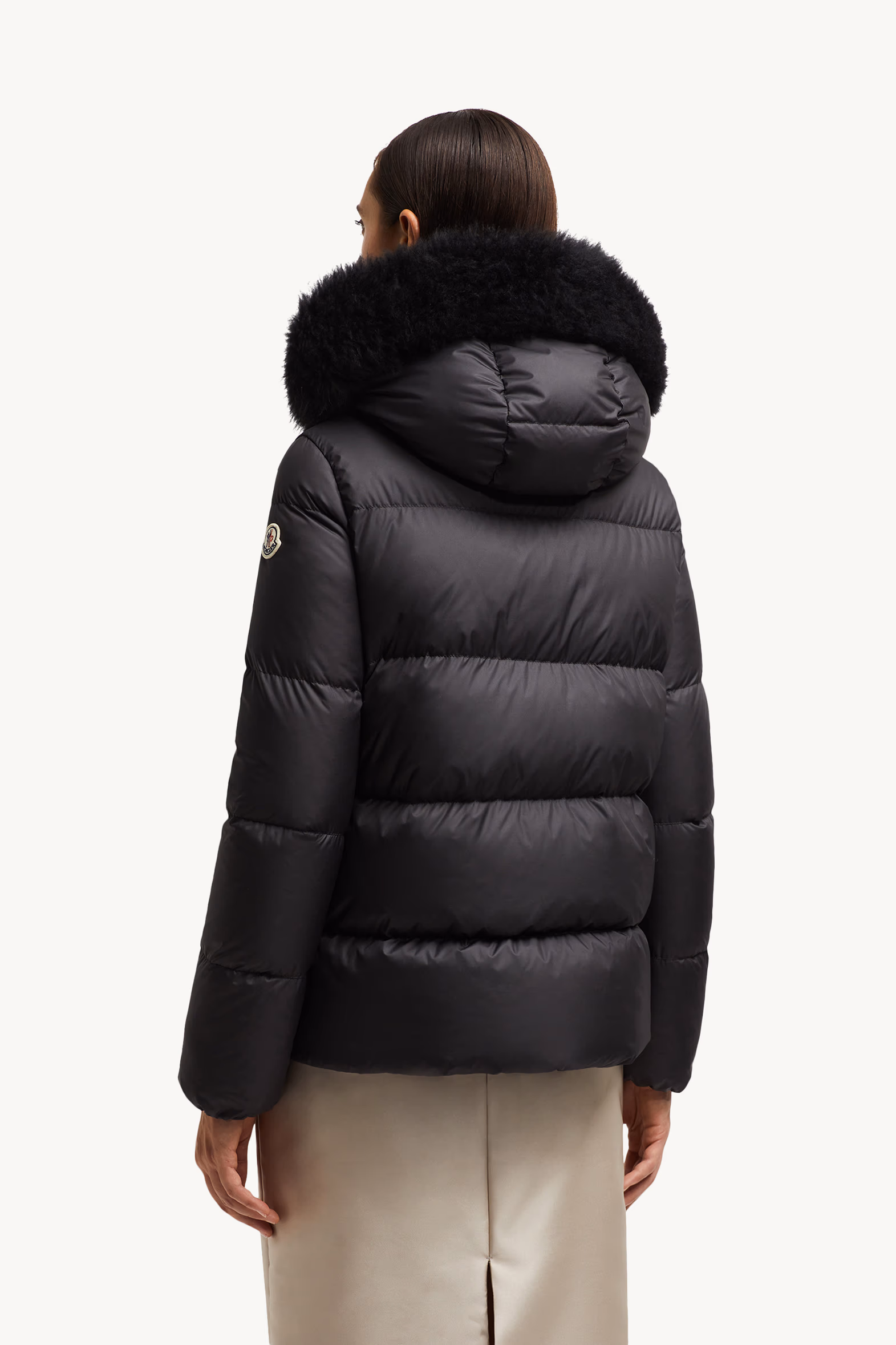 Laichefur Hooded Shearling-Trimmed Short Down Jacket Women Black Moncler 5